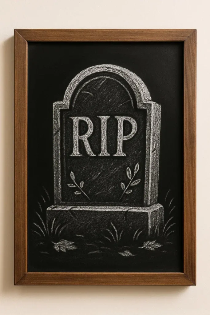Spooky chalkboard art of a gravestone with “RIP” and leaf decorations at its base.