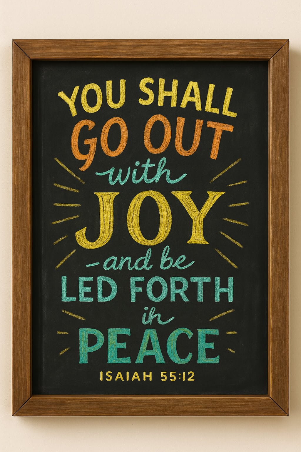 A framed chalkboard sign reads, "You shall go out with joy and be led forth in peace. Isaiah 55:12" in colorful lettering of yellow, orange, blue, and green.