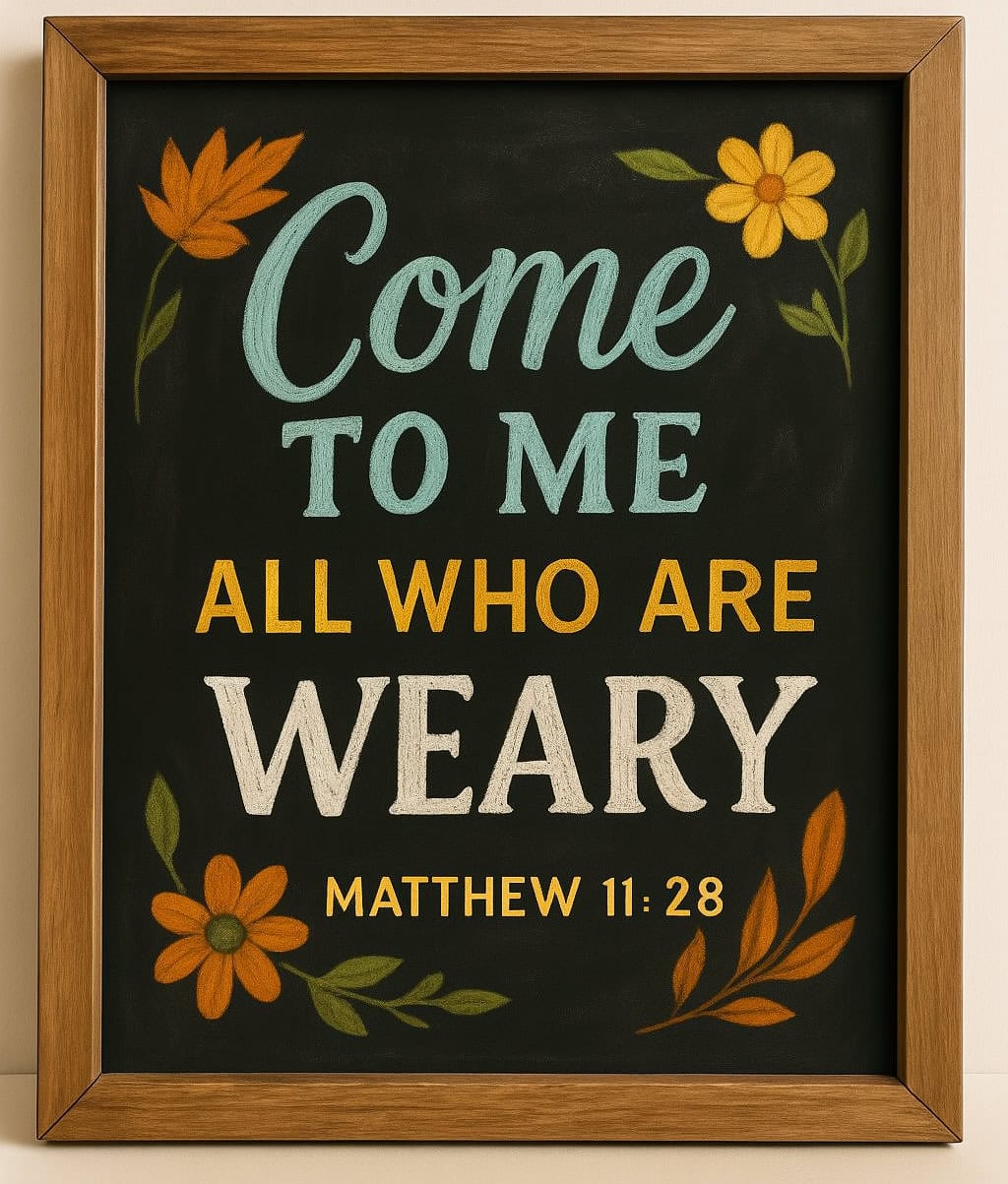 A framed chalkboard sign with floral decorations displays the text: "Come to me all who are weary. Matthew 11:28.