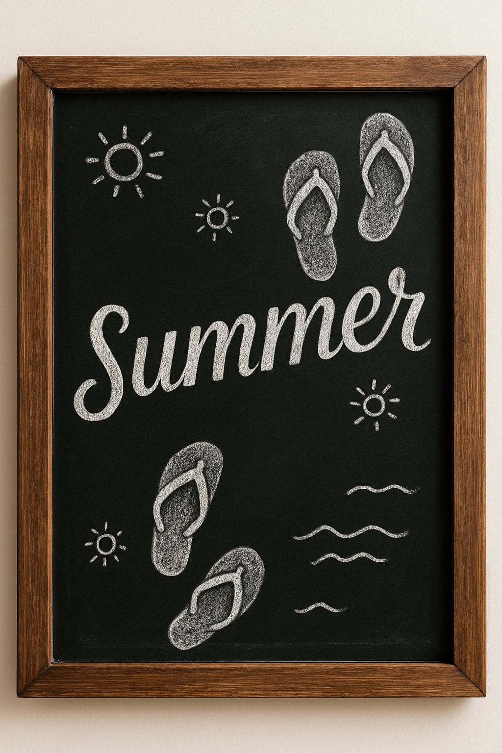A chalkboard with the word "Summer" written in cursive, surrounded by drawings of flip-flops, suns, and wavy lines. The board has a brown wooden frame.