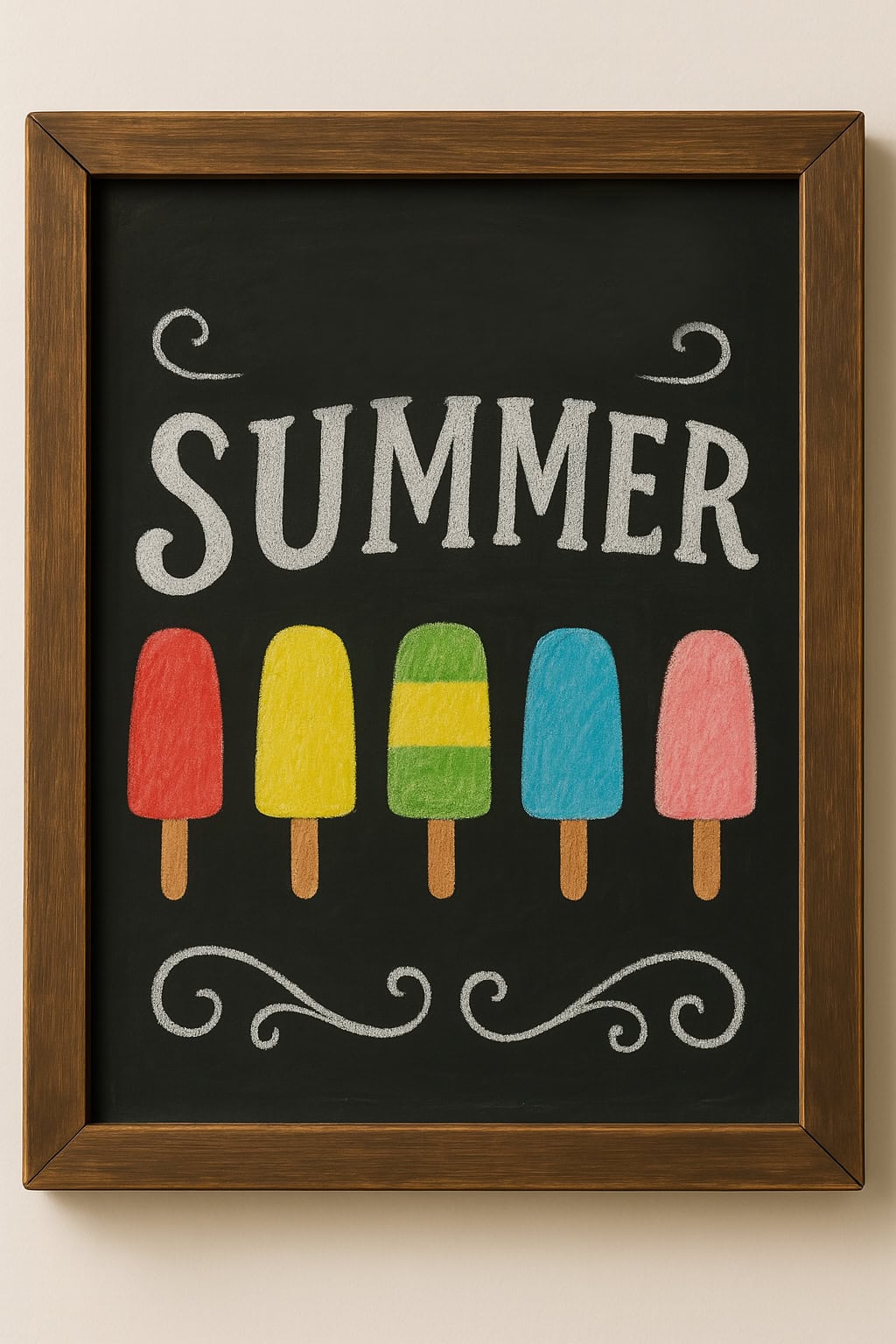 A framed chalkboard drawing with the word "SUMMER" above five colorful popsicles on sticks, each a different color, surrounded by decorative swirls.