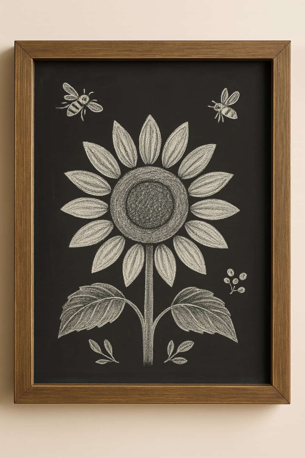A framed chalk drawing of a sunflower with two bees flying nearby, displayed against a light-colored wall.