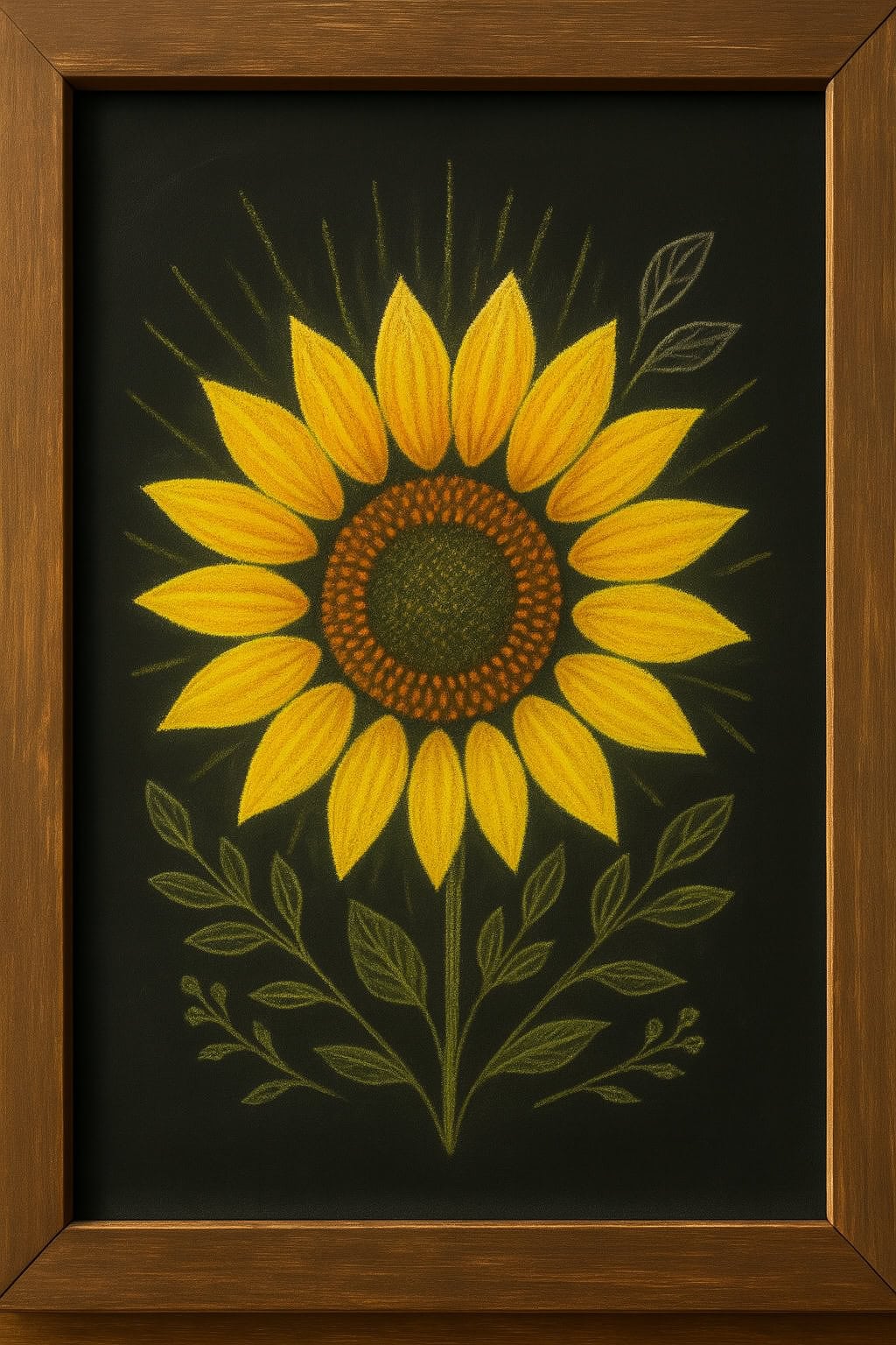 A framed chalk drawing of a bright yellow sunflower with green leaves on a black background, depicted in a simple, stylized design.
