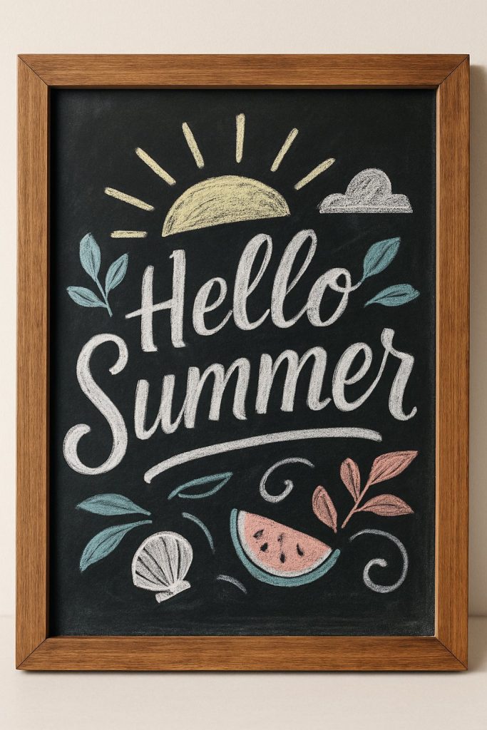 A framed chalkboard with colorful drawings of a sun, cloud, leaves, shell, and watermelon slice, featuring the words "Hello Summer" written in large, decorative letters.