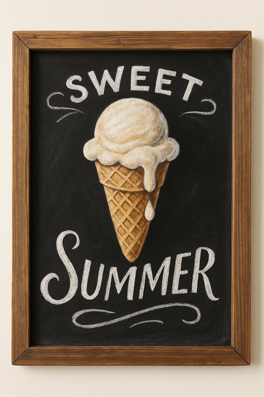 A wooden framed chalkboard sign showing an ice cream cone with melting drips and decorative chalk designs on a clean background.