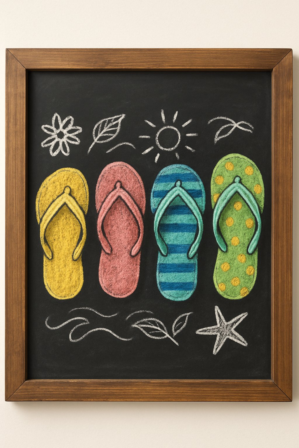 A wood framed chalkboard with colorful flip flops drawn side by side on a clean background.