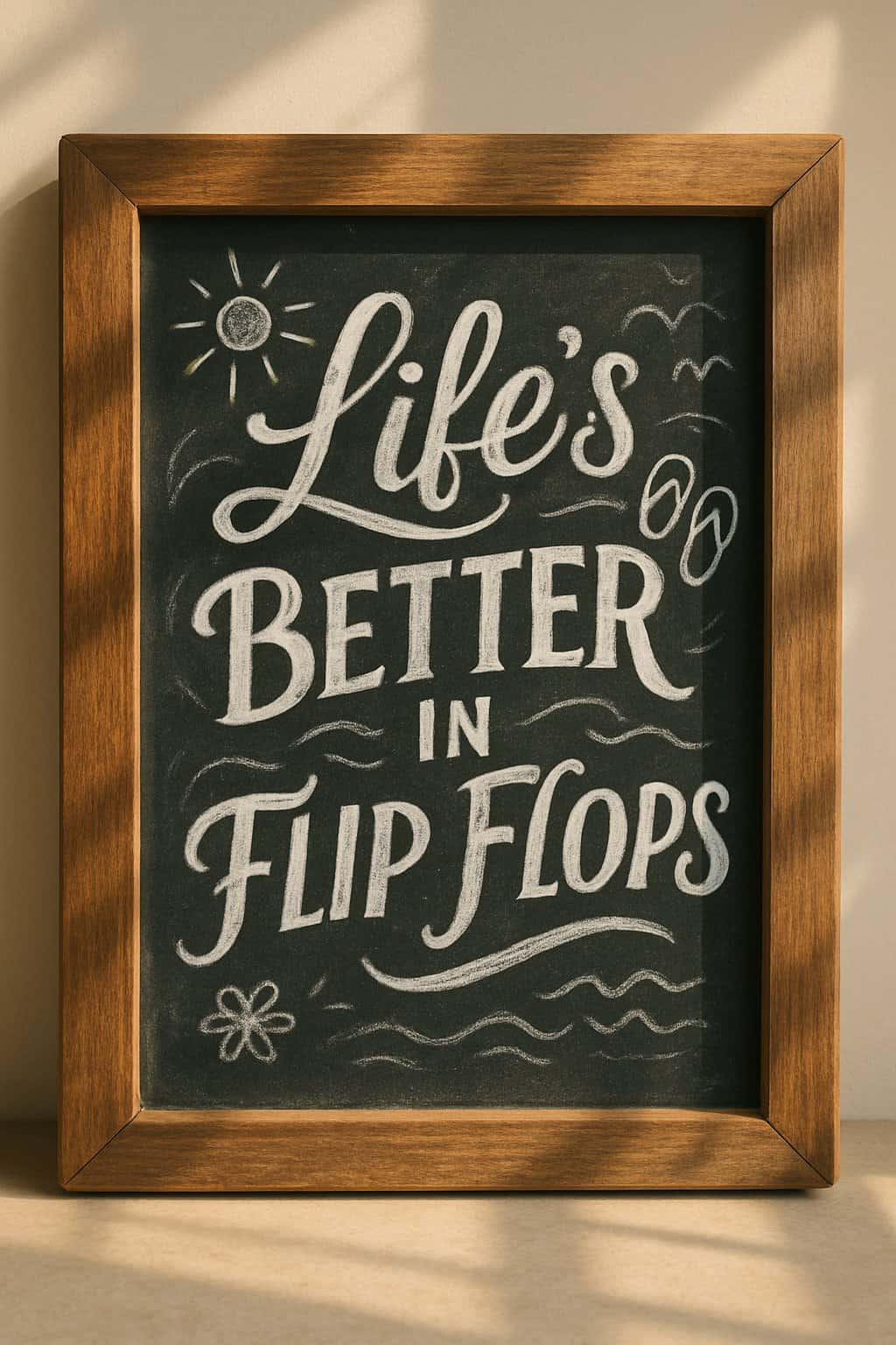 A wood framed chalkboard sign with artistic chalk lettering and summer-themed chalk illustrations on a clean background, illuminated by natural sunlight.