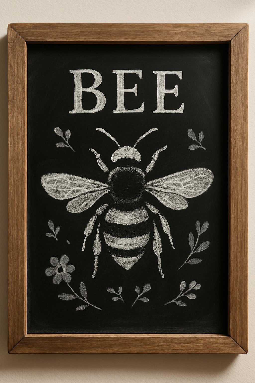 A wood framed chalkboard sign displaying a simple bee silhouette with floral decorations on a clean black background.
