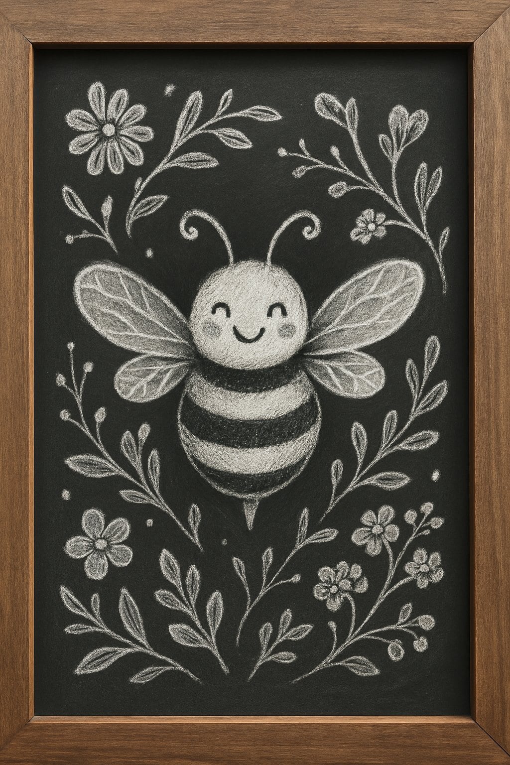 A wood framed chalkboard with a drawing of a smiling bee surrounded by flowers and leaves.