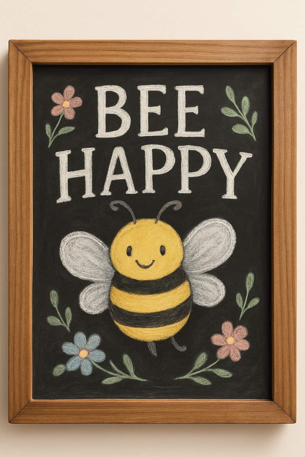 A wood framed chalkboard sign displaying a friendly bee drawing surrounded by decorative floral accents.