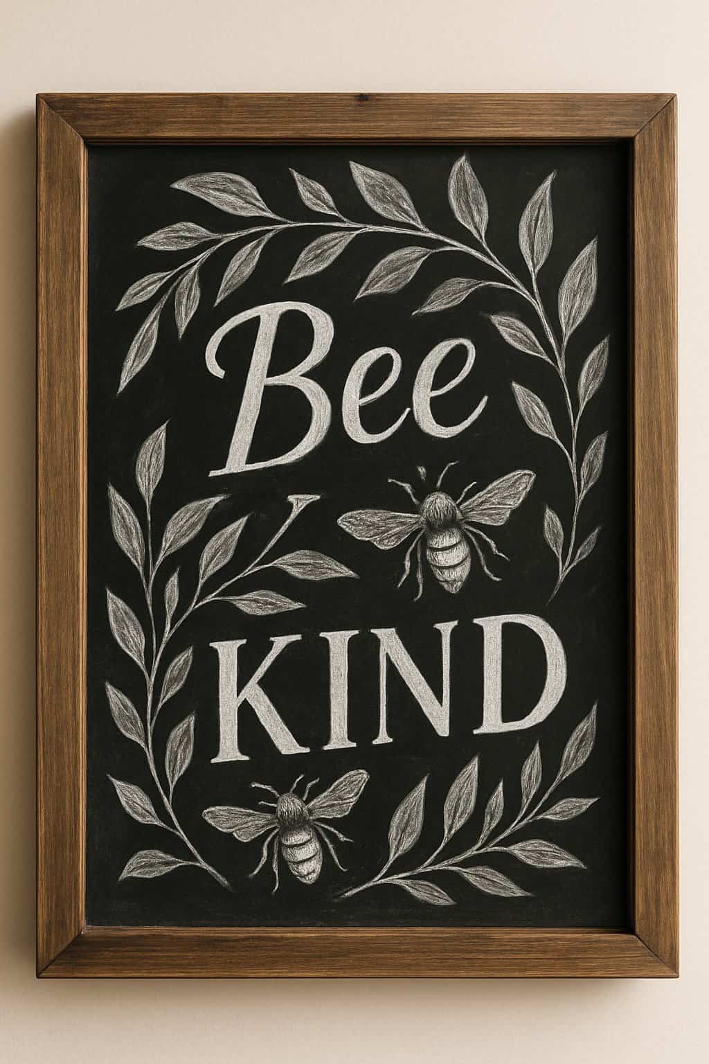 A wood-framed chalkboard sign decorated with drawings of bees and leafy branches.