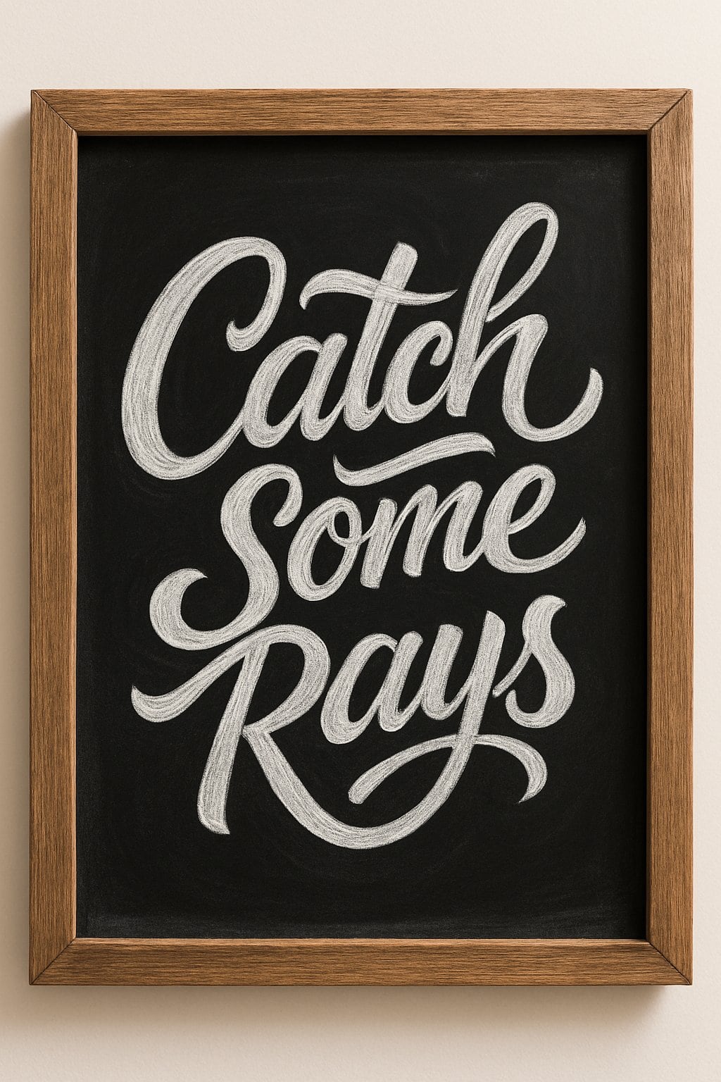 A wood-framed chalkboard sign with artistic lettering on a clean background, lit by natural light.
