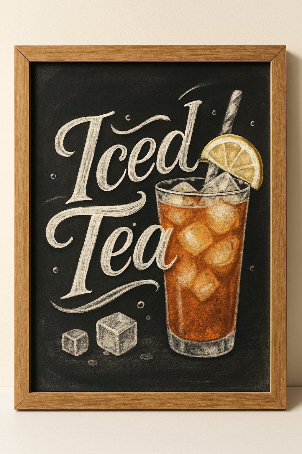 A wooden framed chalkboard sign with artistic chalk drawings of a cold glass of iced tea surrounded by summer-themed decorations.