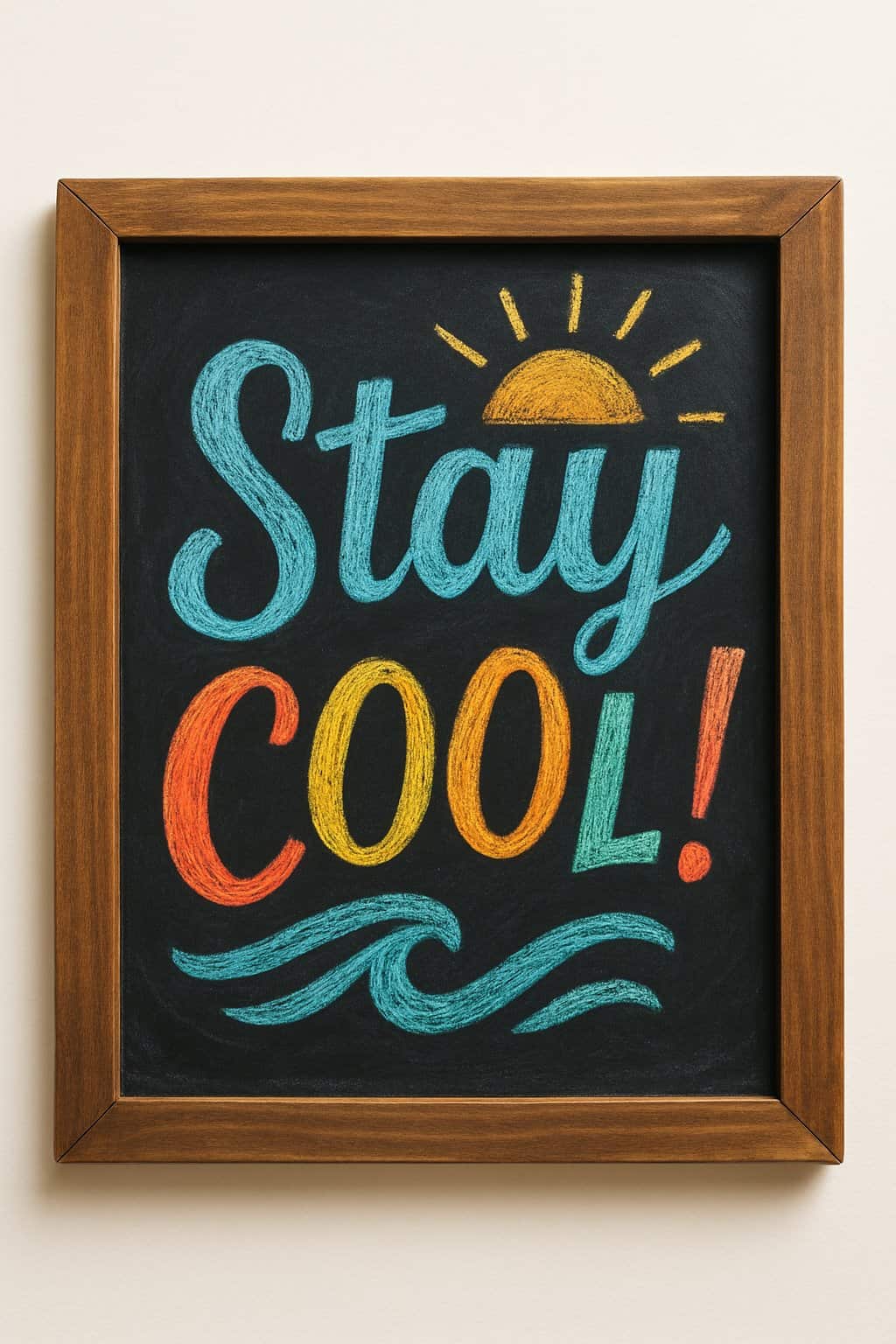 A wooden framed chalkboard sign with colorful hand-drawn lettering on a clean background.