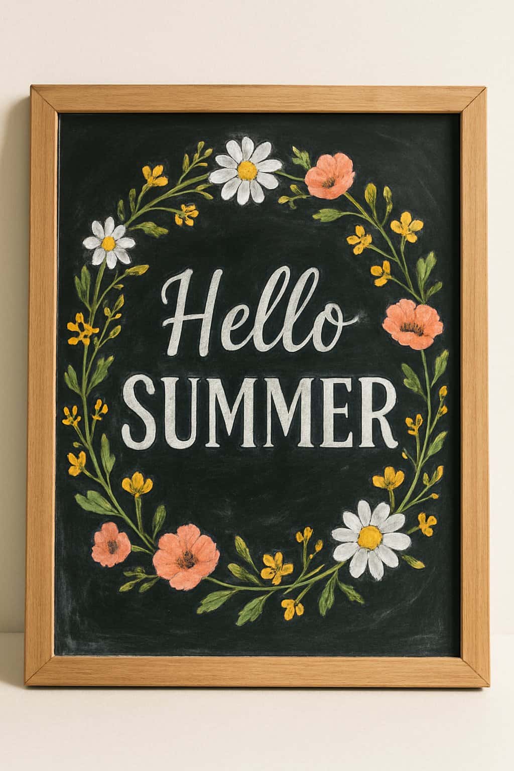 A wooden framed chalkboard surrounded by a flower crown wreath with artistic chalk lettering on the board.