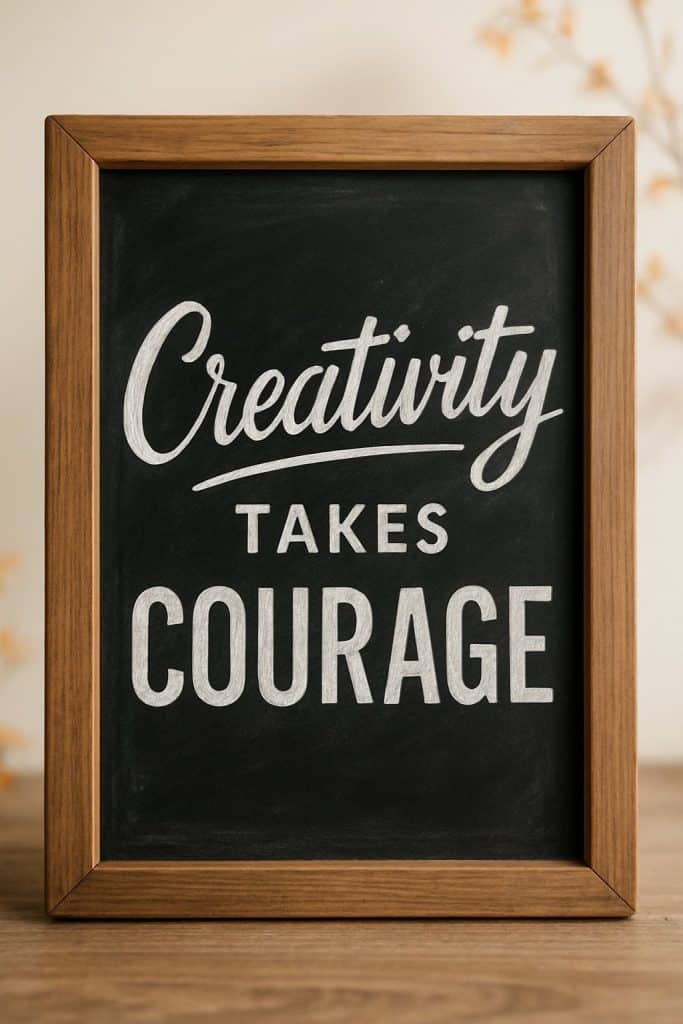 A framed chalkboard sign on a wooden table displays the phrase "Creativity takes courage" in bold white lettering.
