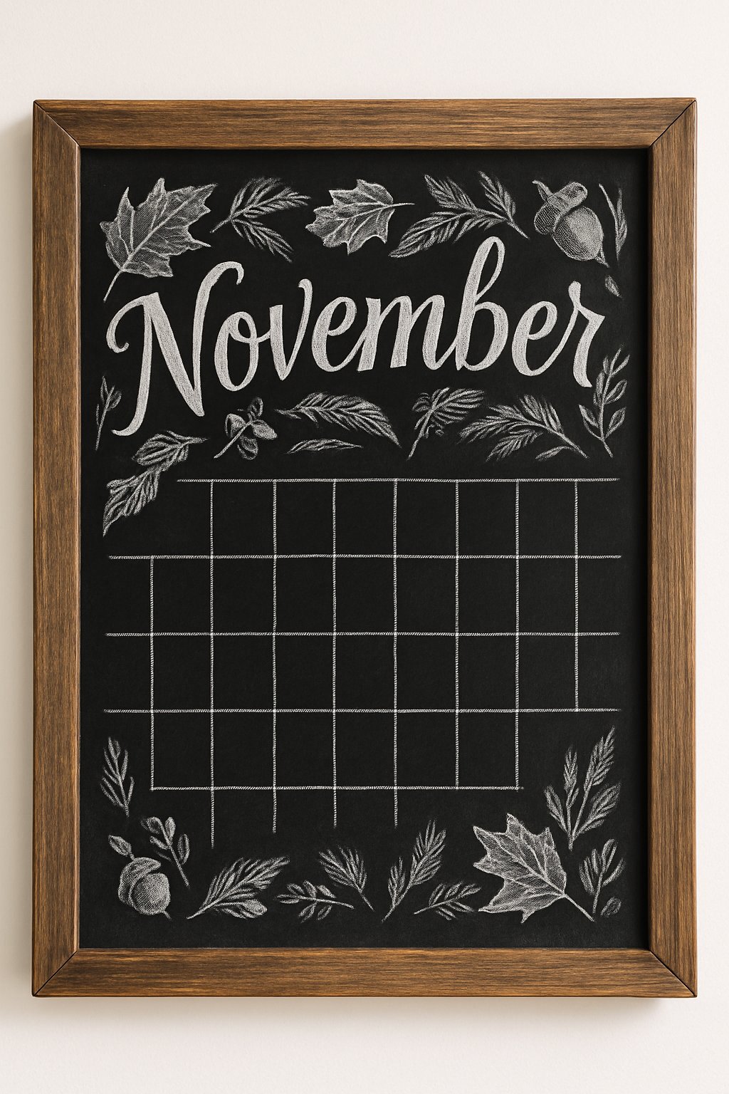 November chalkboard calendar with hand-drawn leaves, acorns, and botanical elements framing a white chalk grid.