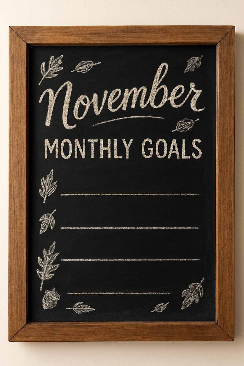 Chalkboard art showing “November Monthly Goals” with five lines for writing, decorated with autumn leaves and acorns.