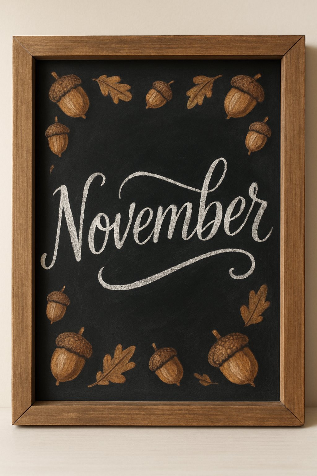 Hand-drawn November chalkboard with cursive lettering, bordered by acorns and fall leaves in a natural, woodsy style.