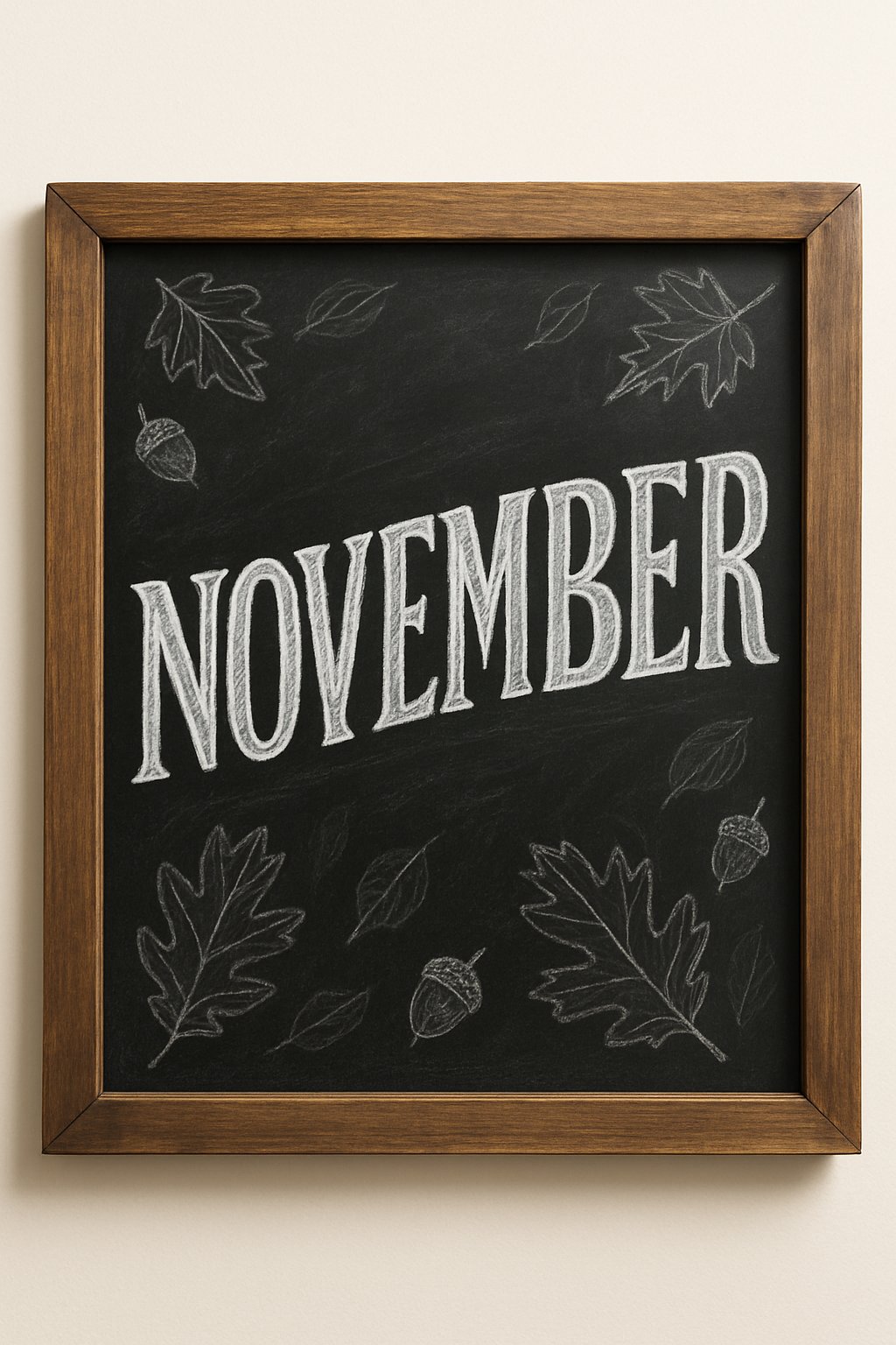 A wood framed chalkboard sign with the word November written in bold block letters and subtle autumn-themed decorations around the edges.