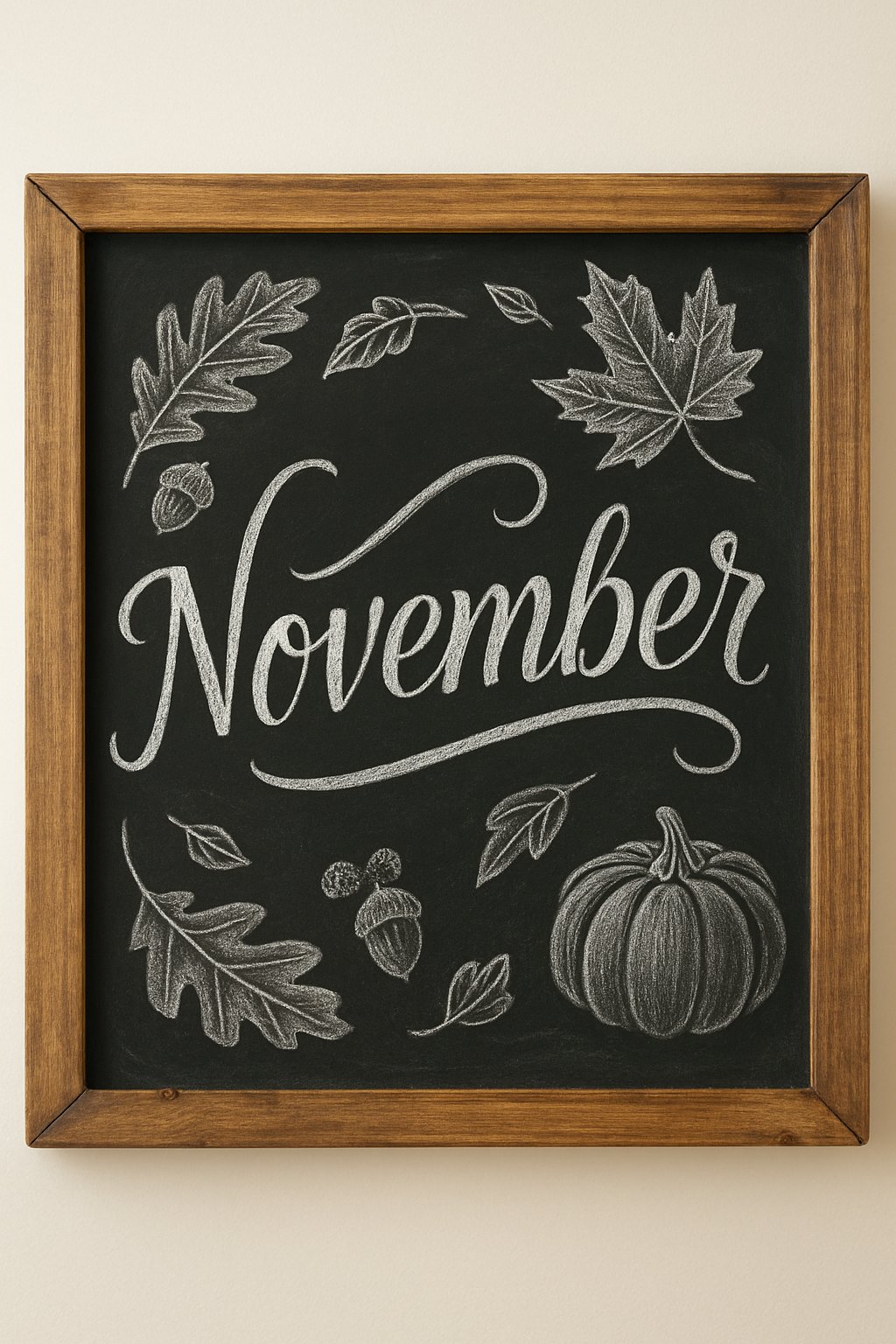 Diagonal “November” chalkboard art with hand-drawn oak leaves and acorns in white chalk on black background.