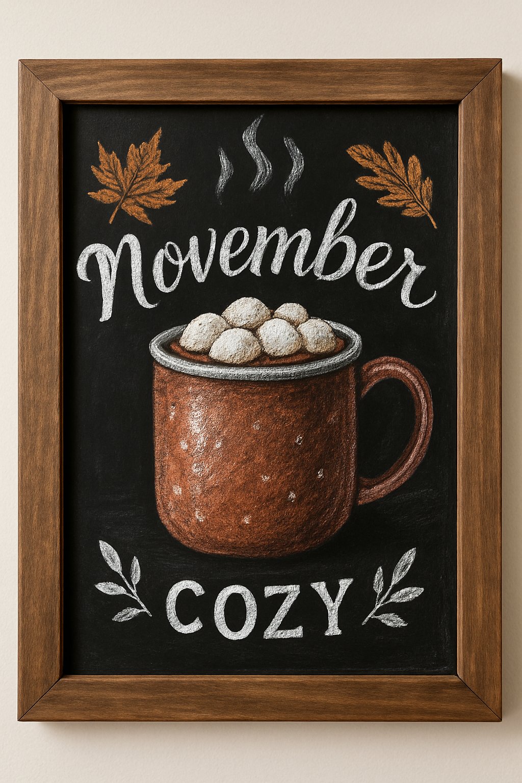 Hand-drawn chalkboard with “November” text, a steaming mug of cocoa, and marshmallow art, surrounded by chalk-drawn autumn leaves.