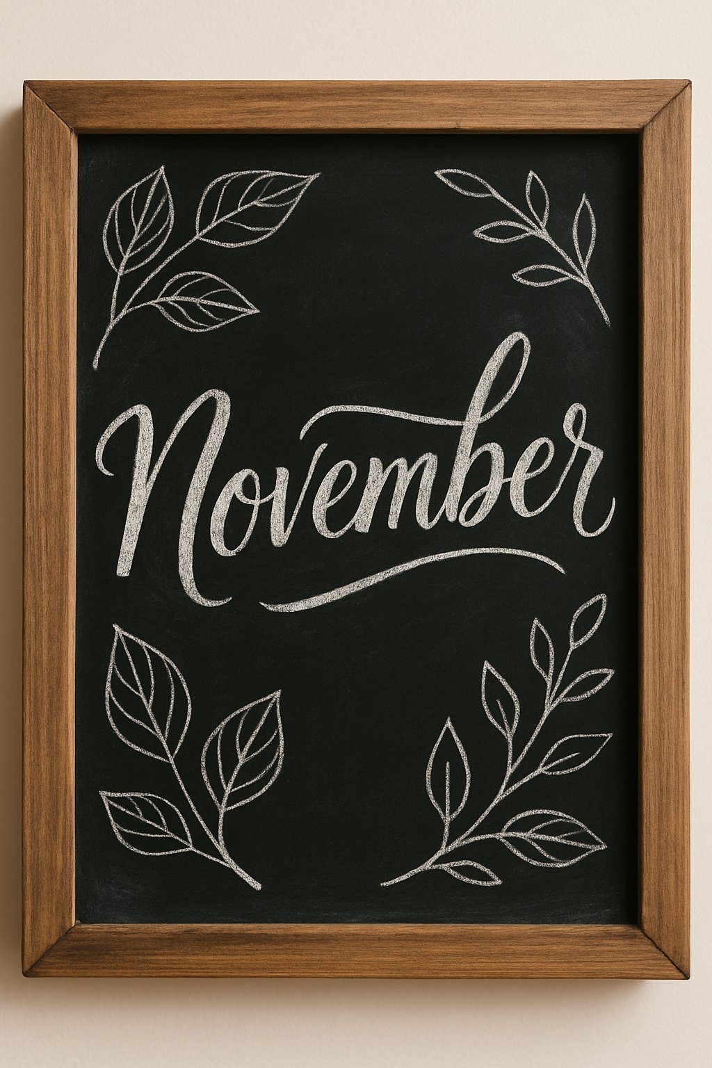 Simple chalkboard with “November” written in flowing cursive, surrounded by hand-drawn white leaf branches in each corner.