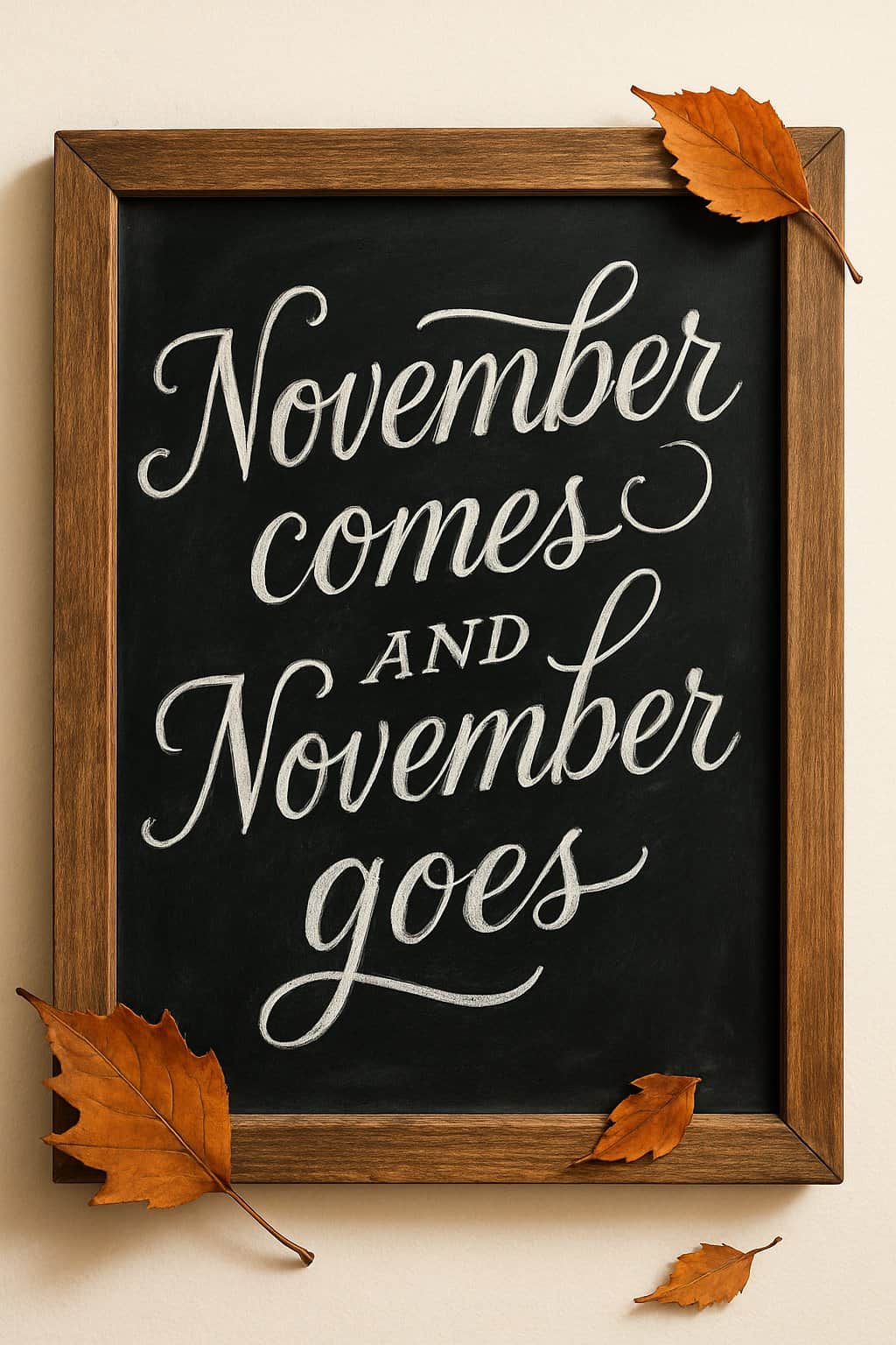 Elegant chalkboard art with hand-lettered text “November comes and November goes,” framed with scattered autumn leaves.