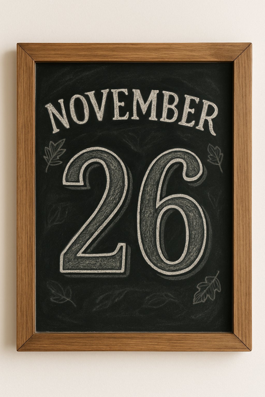 Chalkboard with large “November 26” in bold chalk lettering, surrounded by hand-drawn leaves in a wooden frame.
