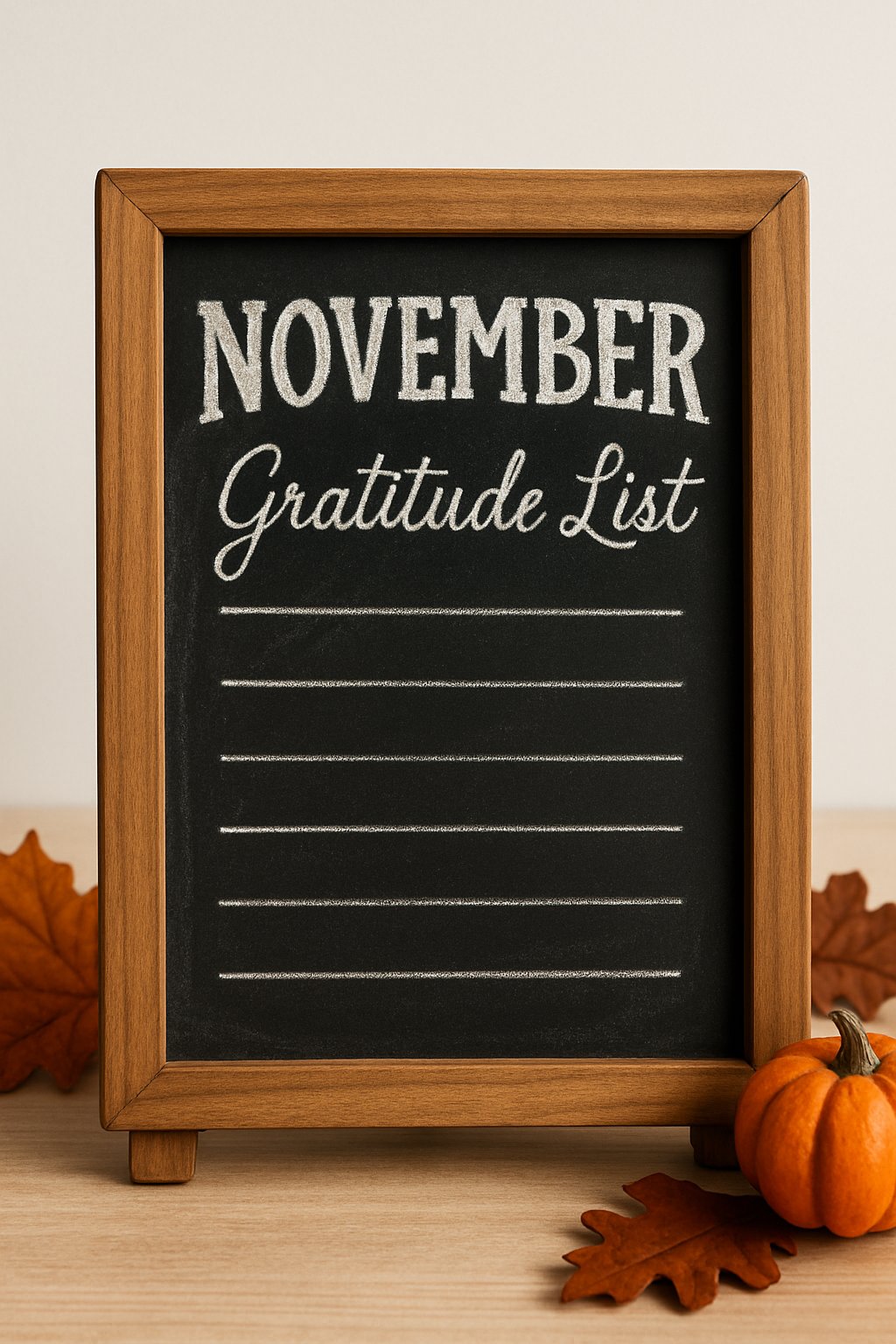 Mini chalkboard on a table with “November Gratitude List” in chalk, bordered by orange leaves and a tiny pumpkin.