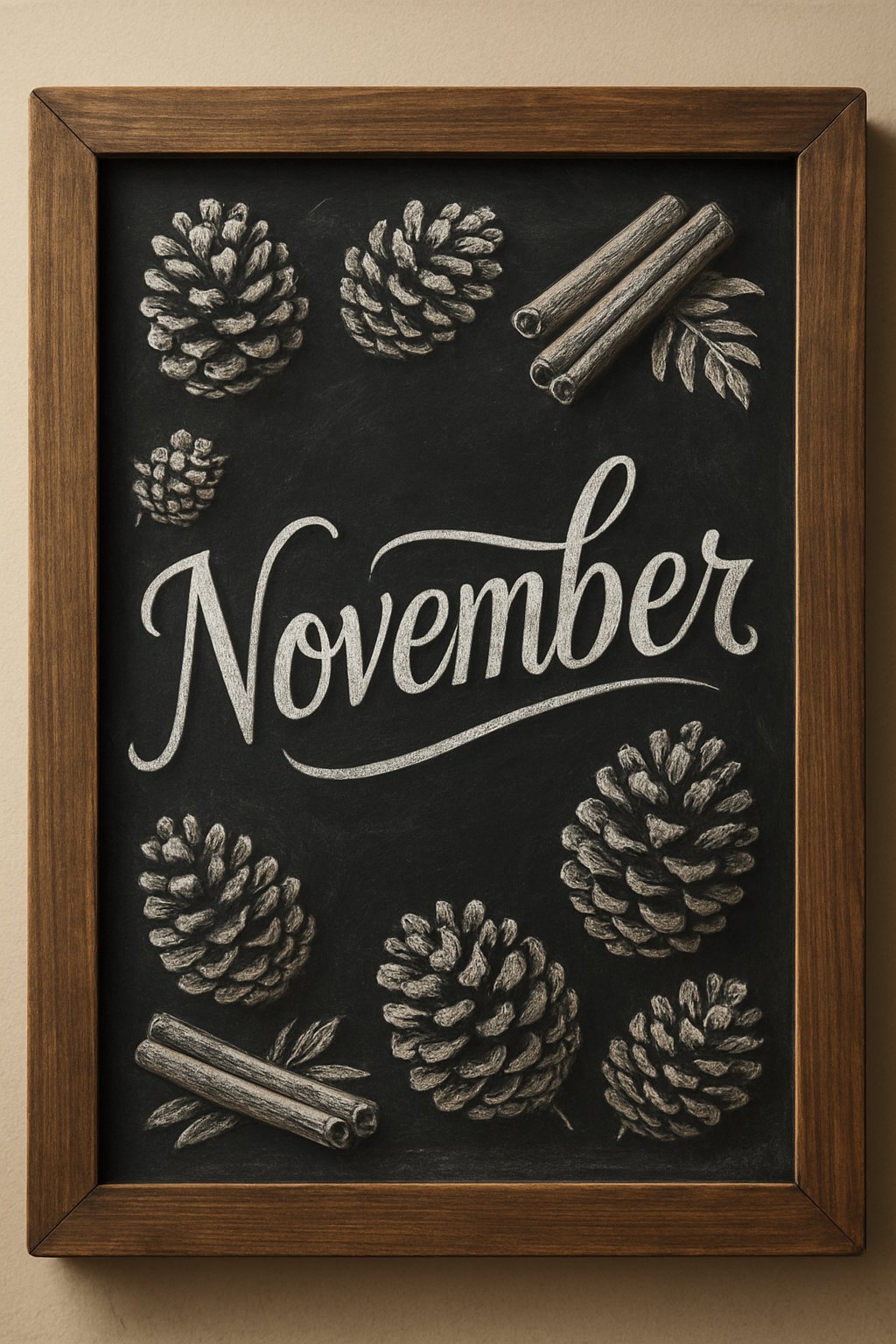 Framed chalkboard design with “November” in cursive lettering, surrounded by sketched pinecones, cinnamon sticks, and simple foliage.
