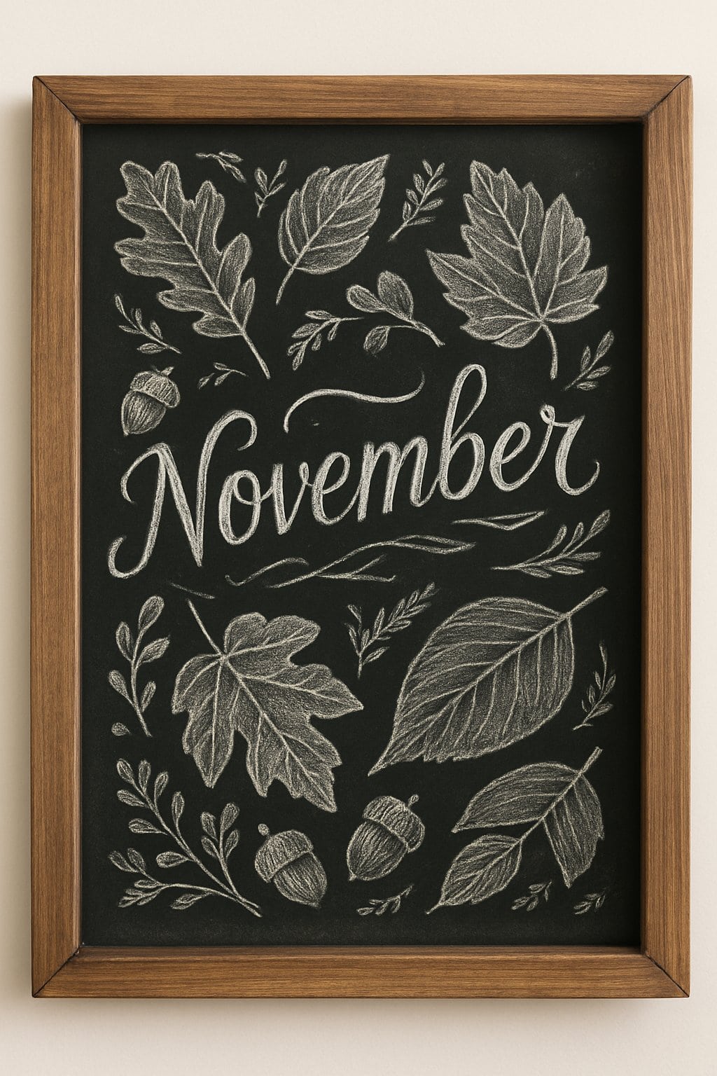 Chalkboard with “November” in script, framed by finely detailed white chalk leaves and acorns in a rustic wooden frame.