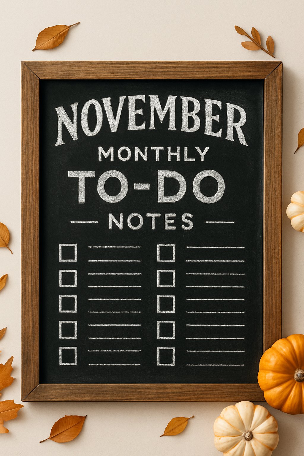 Hand-lettered November to-do list chalkboard with dual columns of checkboxes and pumpkins placed decoratively around the wood frame.