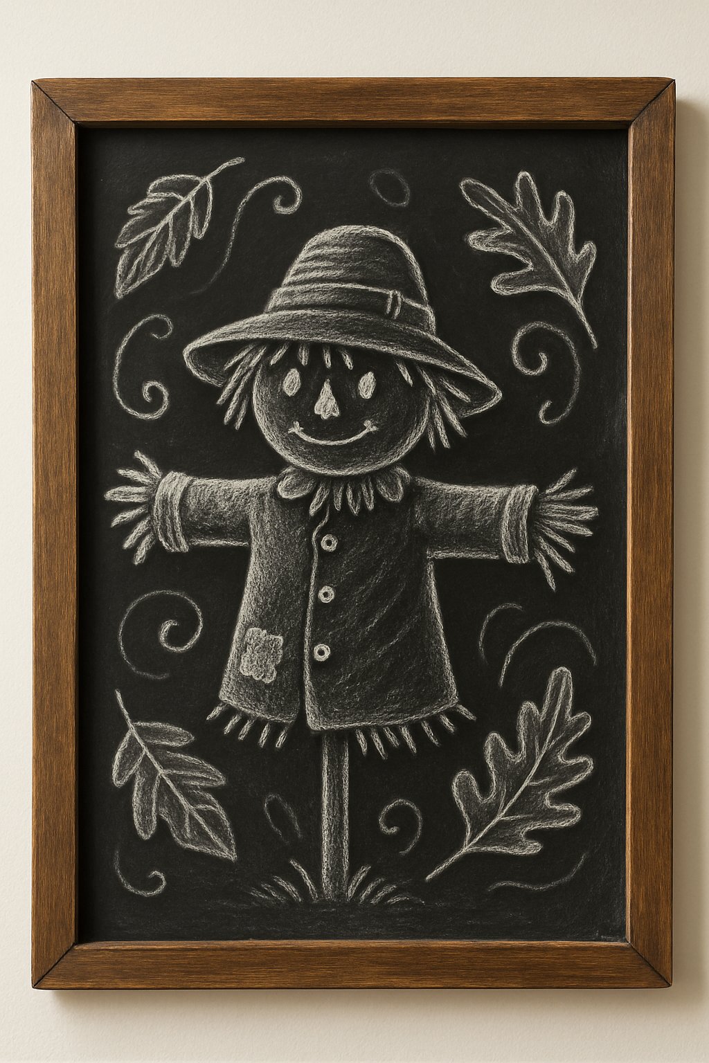 Chalkboard art of a smiling scarecrow in a coat and hat, framed by oak leaves and curly chalk flourishes.