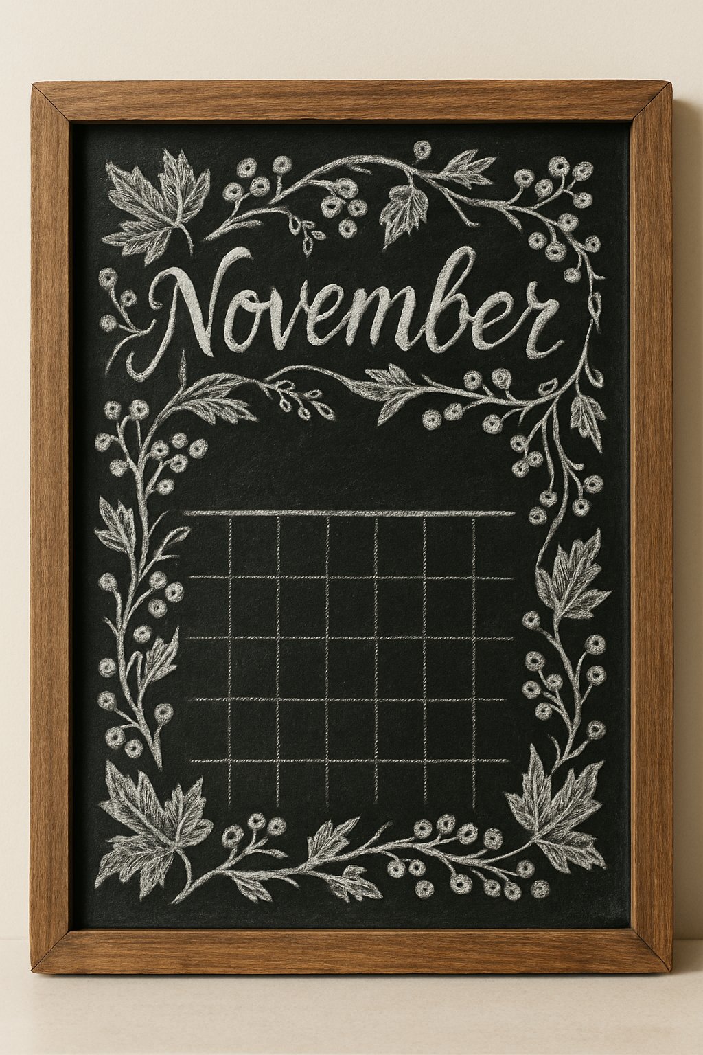 Framed chalkboard with a hand-drawn calendar grid and botanical borders of berries and leaves, labeled "November" in script.