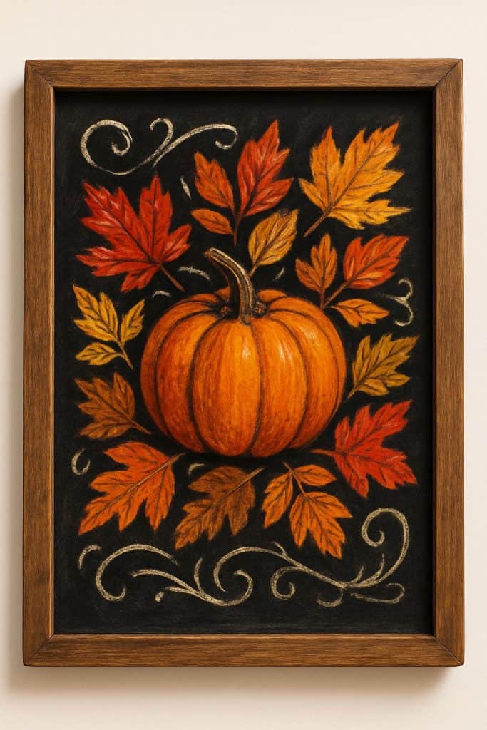 Framed artwork of an orange pumpkin surrounded by red, orange, and yellow autumn leaves, with decorative swirls on a black background.
