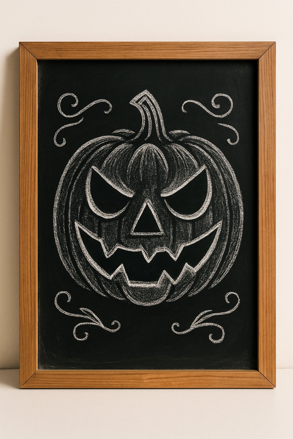 Boldly sketched jack-o'-lantern chalk art with sharp triangular features and swirling accents on a blackboard background.