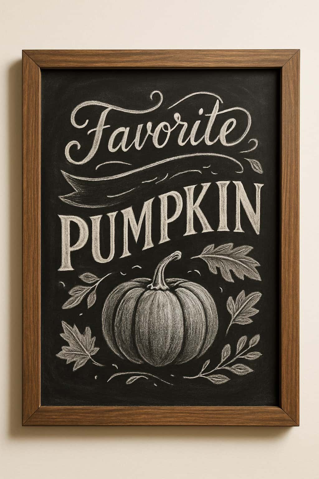 Hand-drawn chalkboard featuring a pumpkin and leaf border with the words “Favorite Pumpkin” in scripted and block chalk lettering.