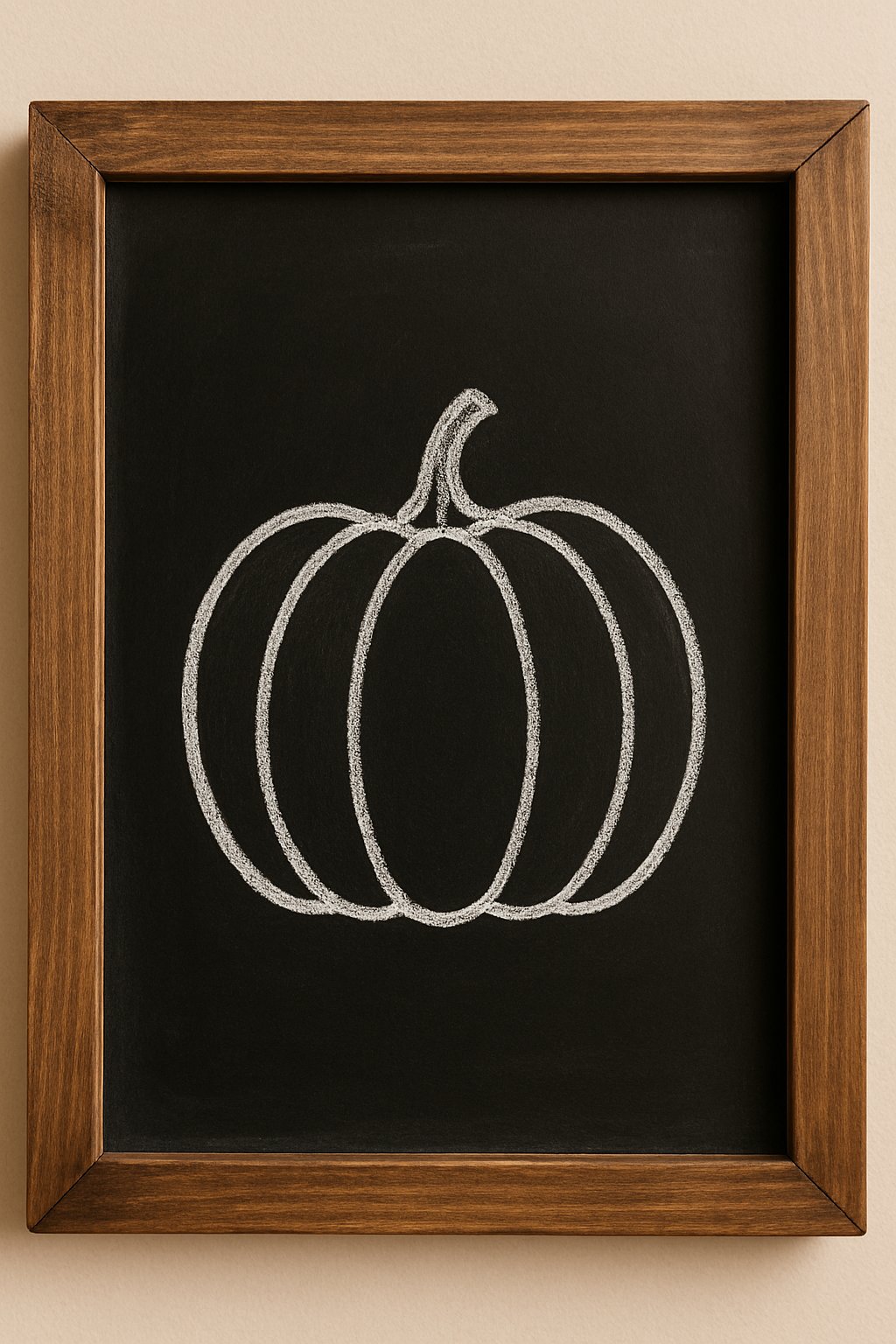 Clean white chalk outline of a pumpkin centered on a blackboard, framed with a wooden edge.