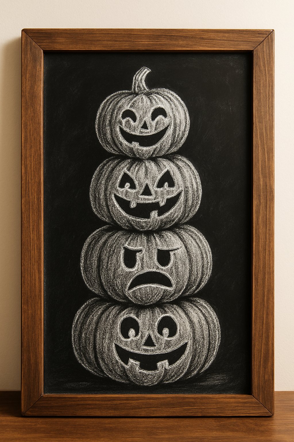 Four chalk-drawn jack-o’-lanterns stacked on top of one another, each with a different face showing a distinct emotion.