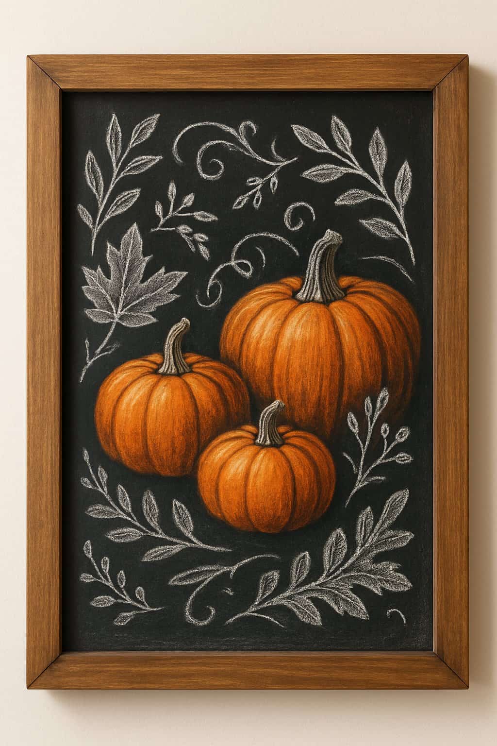 Hand-drawn pumpkins with white chalk botanical accents arranged artfully on a chalkboard for a fall-themed display.