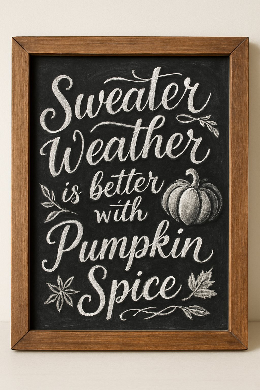 Framed chalkboard art with “Sweater Weather is better with Pumpkin Spice” written in varied white lettering with fall accents.