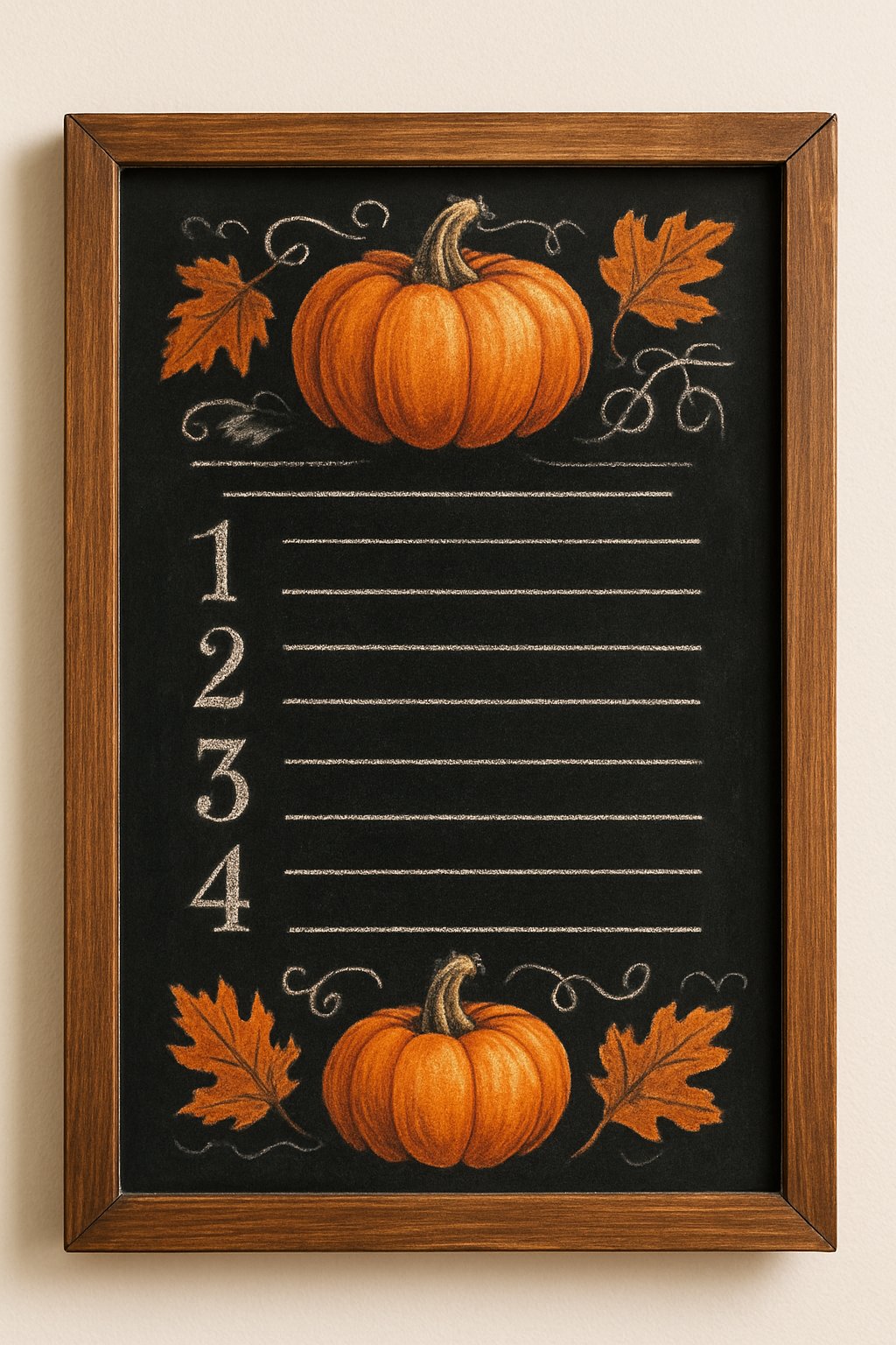 Framed chalkboard with numbered lines for writing, decorated with hand-drawn pumpkins, maple leaves, and white chalk flourishes.