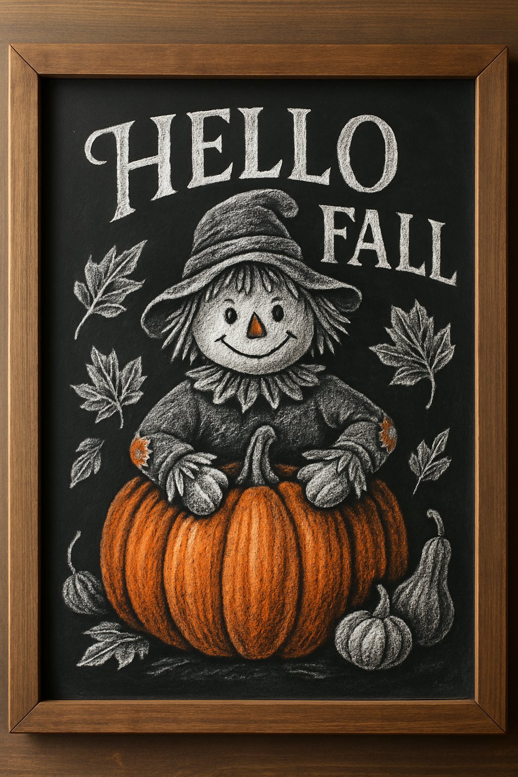 “Hello Fall” chalkboard sign with a scarecrow emerging from a pumpkin, flanked by leaves and stylized gourds.