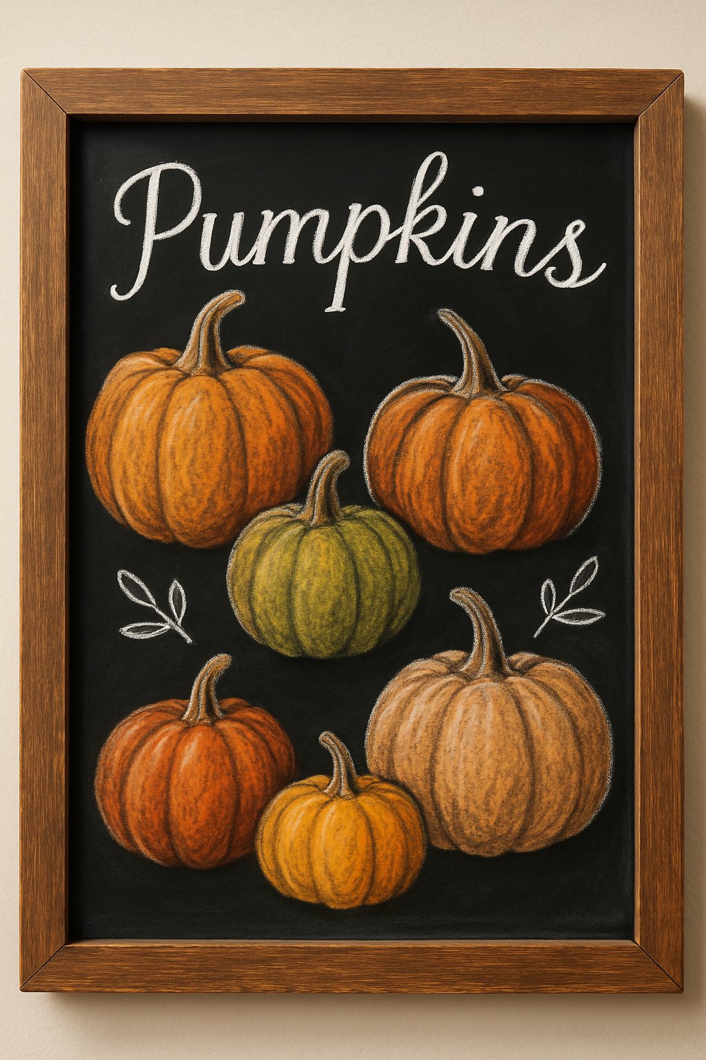 Illustrated chalkboard design of multicolored pumpkins with handwritten “Pumpkins” title and white leafy doodles.