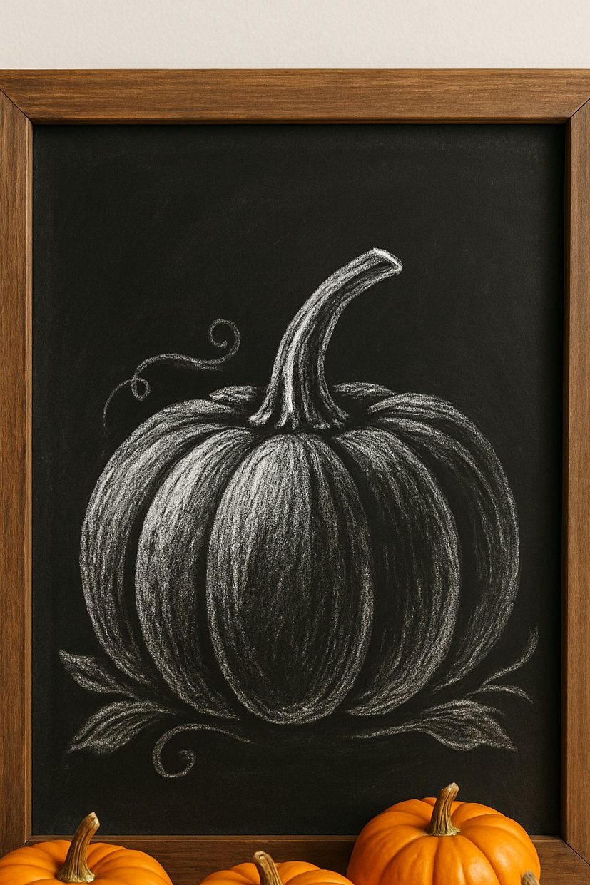 Black chalkboard framed with a chalk pumpkin drawing, placed behind real mini pumpkins in orange and white.