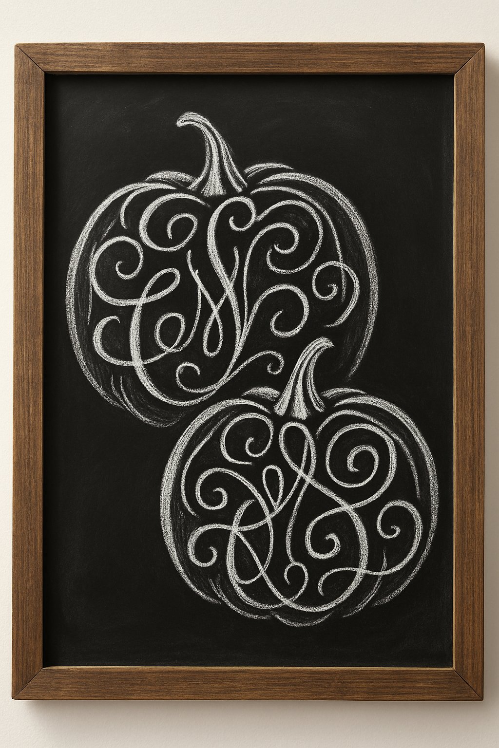 Chalkboard with two white outlined pumpkins, each filled with ornate swirling monogram-style chalk flourishes.