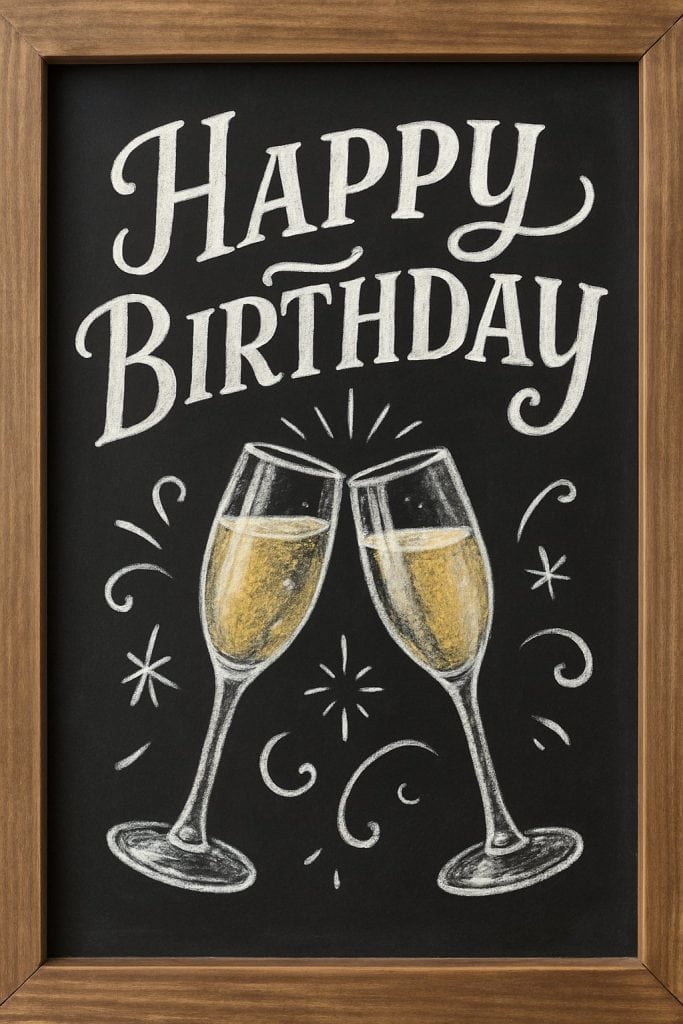 A framed chalkboard with "Happy Birthday" written in large letters above two clinking champagne glasses, with festive decorative lines and sparkles around them.