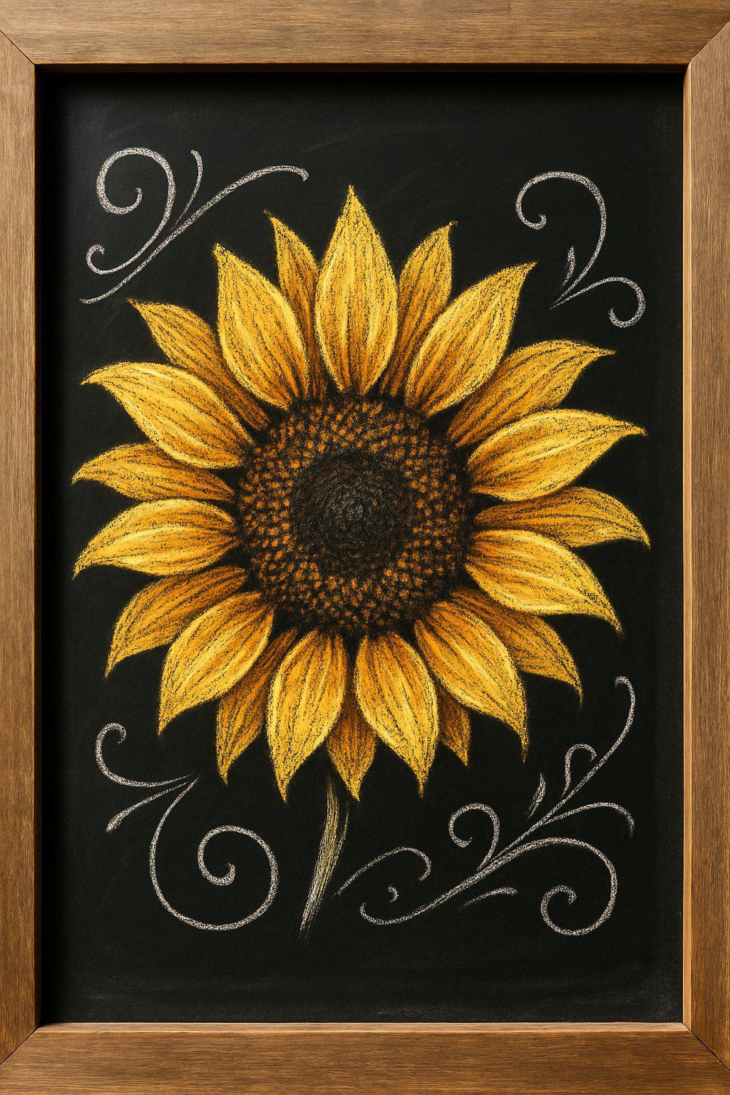A wood framed chalkboard sign displaying a large sunflower drawn with textured chalk strokes on a clean dark background.