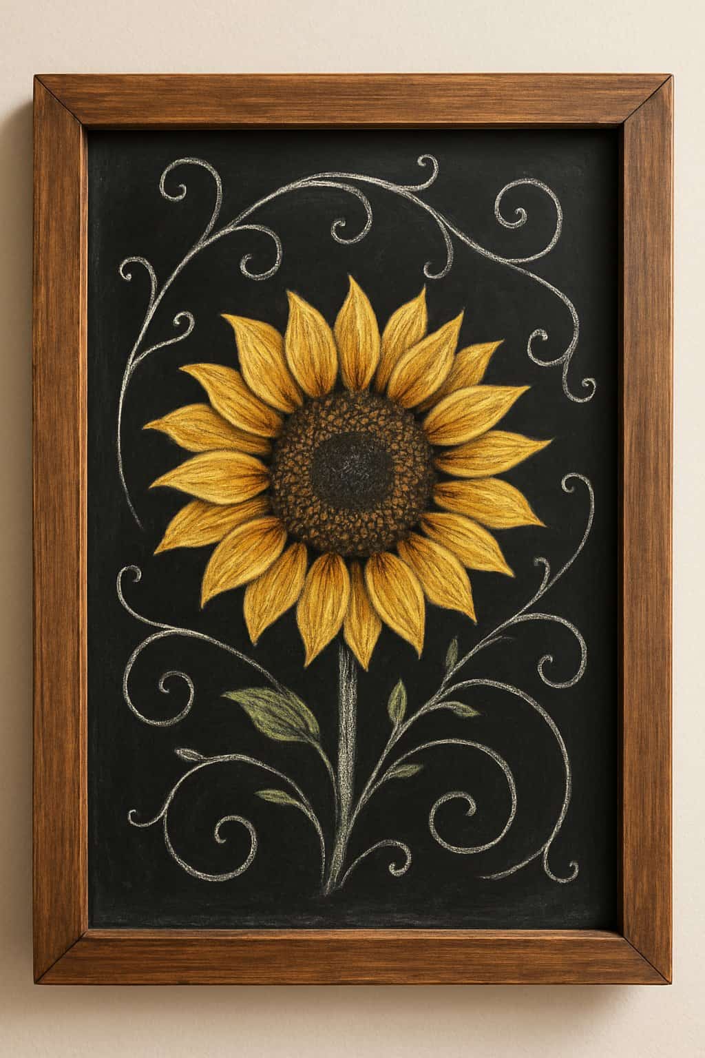 A wood-framed chalkboard sign displaying a large sunflower with curly vine decorations on a clean background.